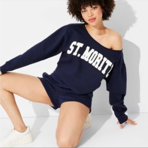 NWT Wild Fable St. Moritz Navy Off-Shoulder Sweatshirt Alpine Apres Ski Mtn New - Picture 15 of 15